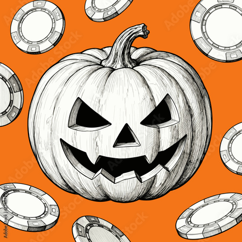Halloween casino concept with flying chips and Jack-o’-lantern pumpkin, engraving sketch on white background, vector art