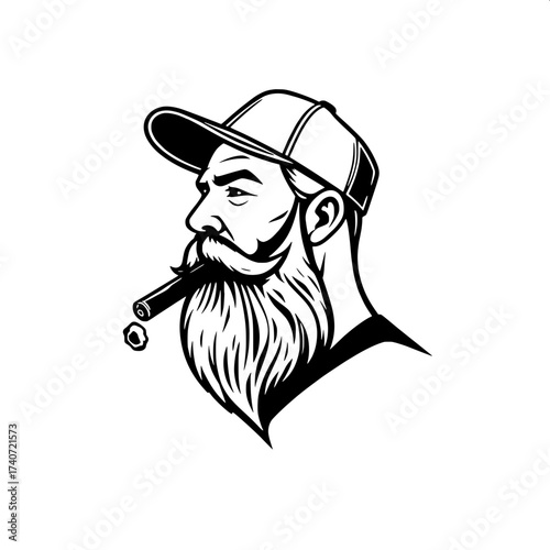 A contemporary monochrome design featuring a bearded man in profile with a baseball cap tilted slightly to one side, a cigar held in his mouth with wisps of smoke rising upwards, rendered in a minimal