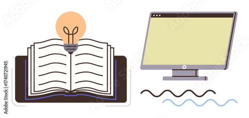Open book with lightbulb emphasizes learning, ideas, and innovation. Computer screen emphasizes digital tools. Ideal for education, e-learning, creativity, innovation, technology knowledge transfer