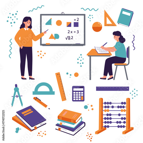 A teacher instructing a student in mathematics with various educational tools and symbols displayed around them.