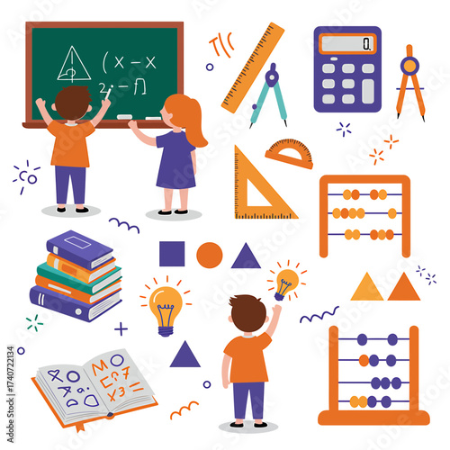 Illustration of children learning math with various educational tools and symbols.