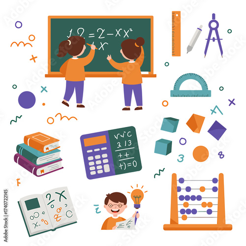 Children learning mathematics with various educational tools and school supplies, including a blackboard, calculator, books, and abacus.