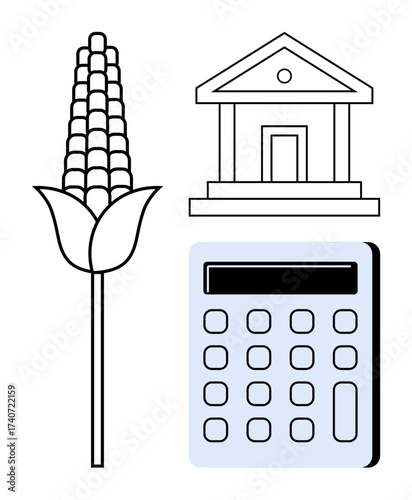 Corn stalk, classical bank icon, and calculator symbolize agriculture, financial management, economy, and budgeting. Ideal for farming, finance, economy investment policy studies cost calculation