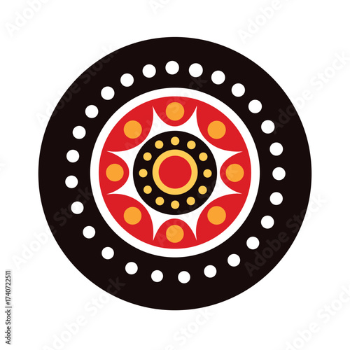 Colorful abstract circular pattern with red yellow and white dots on black background Keywords: abstract, pattern, circle, design, decorative