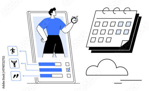 Person using fitness app with wearable device, activity stats, and calendar for tracking exercise. Ideal for fitness, health, planning, technology, apps progress motivation. Simple flat metaphor