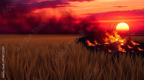 Burning dry grass field with fire and smoke at sunset with red sky