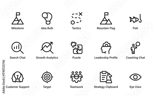 A modern business strategy and leadership icon set featuring ideas, teamwork, coaching, analytics, goals, milestones, and success symbols.