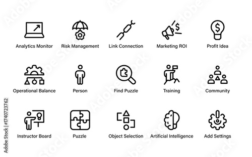 Modern flat vector icon set representing business intelligence, analytics, strategy, teamwork, AI, marketing, and performance optimization concepts.