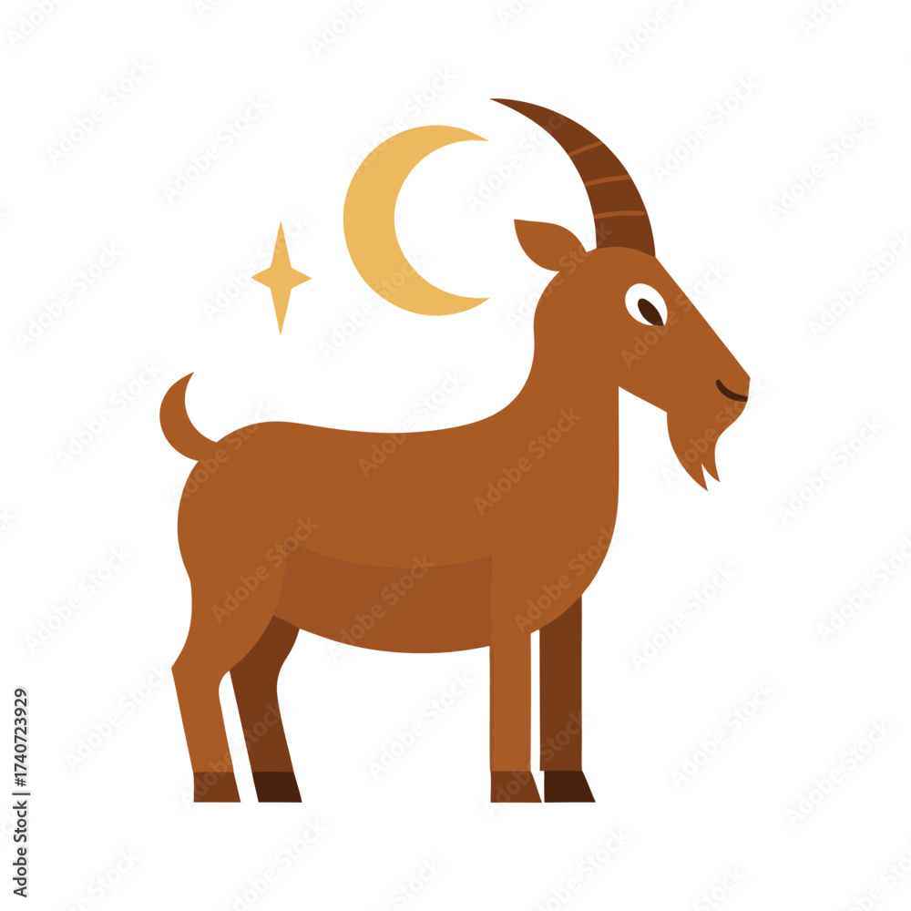 Fototapeta premium Stylized Brown Goat with Crescent Moon and Star Zodiac Symbol Keywords: goat, capricorn, zodiac, astrology, horoscope, symbol, constellation