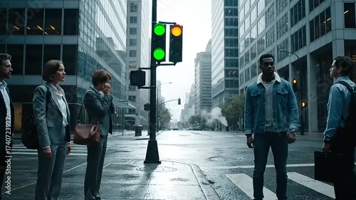 Diverse group of people standing still at a green traffic light in an empty city