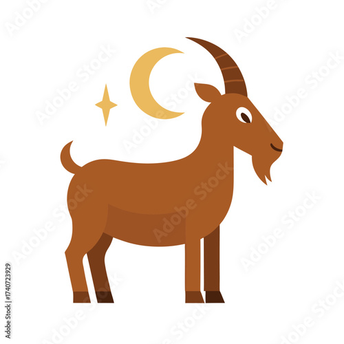 Stylized Brown Goat with Crescent Moon and Star Zodiac Symbol Keywords: goat, capricorn, zodiac, astrology, horoscope, symbol, constellation