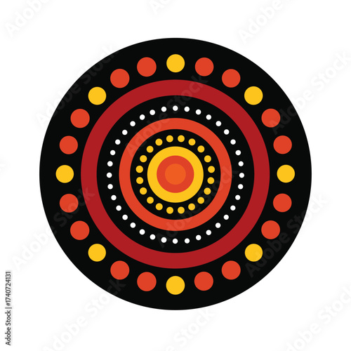 Traditional Aboriginal dot painting style circular design with red orange yellow and white dots