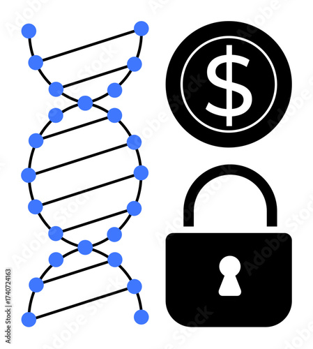 DNA helix, dollar symbol coin, and padlock emphasize genetics, finance, and cybersecurity. Ideal for science, biotechnology, finance, data protection innovation ethics and modern technology