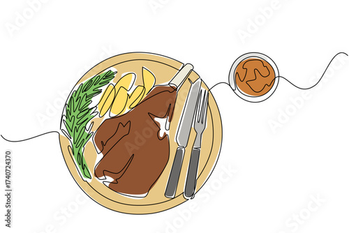 Single continuous line drawing roast leg lamb on round wooden chopping board. Restaurant dishes ready to be served to consumers. Tasty. National Roast Leg of Lamb. One line design vector illustration