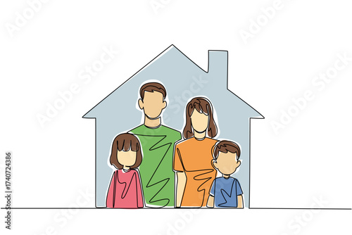 Single one line drawing father, mother, son, daughter in the house. Best care for children is from both parents. The best love. National Foster Care Day. Continuous line design graphic illustration