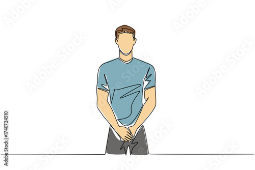 Continuous one line drawing man holds his vital parts with both hands. Having big addiction to cigarettes. Destructive habits. Bladder Cancer Awareness Day. Single line draw design vector illustration