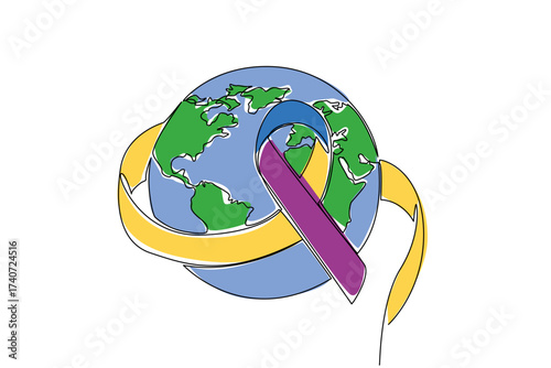 Single continuous line drawing bladder cancer awareness campaign ribbons around the globe. Healthy life. More meaningful life. Caring. Bladder Cancer Awareness Day. One line design vector illustration