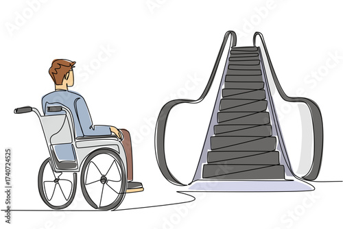 Single continuous line drawing a man sitting in a wheelchair and looking up at the escalator. Facing significant difficulties. National Barrier Awareness Day. One line design vector illustration