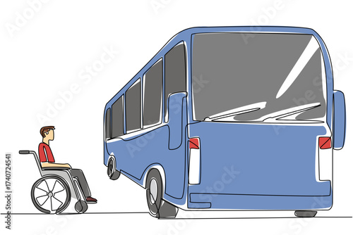 Continuous one line drawing man sits in a wheelchair next to the bus and looks at the bus. Buses are not disabled friendly. National Barrier Awareness Day. Single line draw design vector illustration