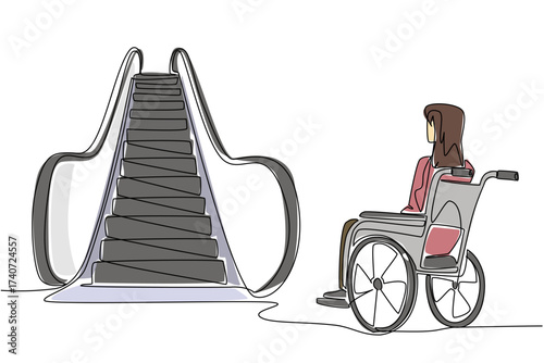Single one line drawing woman sitting in wheelchair and looking up at the escalator. Unfriendly infrastructure. Troublesome. National Barrier Awareness Day. Continuous line design graphic illustration