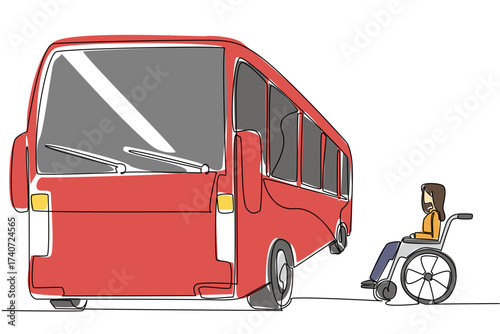Continuous one line drawing woman sits in a wheelchair next to the bus and looks at the bus. Difficulties in modern times. National Barrier Awareness Day. Single line draw design vector illustration