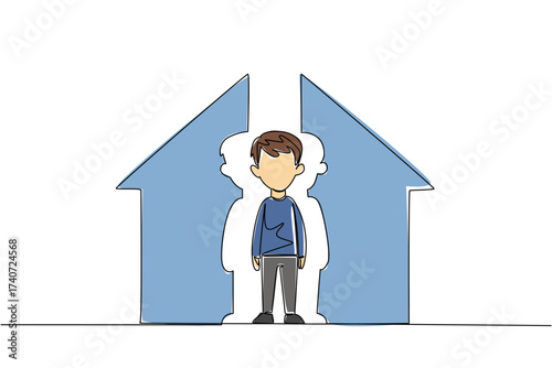 Single continuous line drawing a boy looking down and a house shaped puzzle. Symbolism of incomplete affection when in the house. Sad. National Foster Care Day. One line design vector illustration