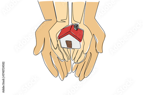 Continuous one line drawing the miniature house on the palm of the hand. The dream of providing the best care in the best home. National Foster Care Day. Single line draw design vector illustration