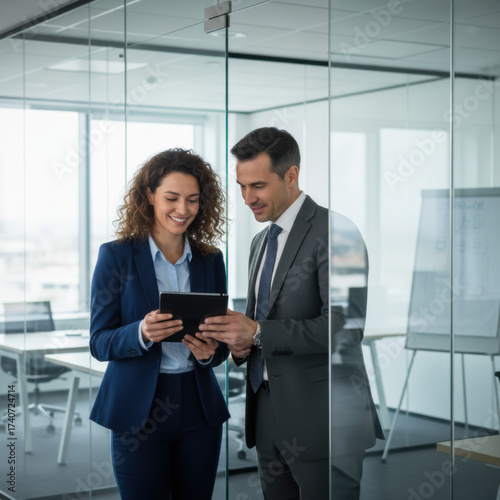 A man and a woman looking at a tablet together