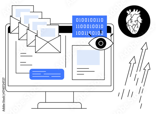Computer screen displaying emails, eye, binary code, flying arrows, and heart icon. Ideal for technology, communication, data analysis, innovation healthcare growth strategies simple flat metaphor