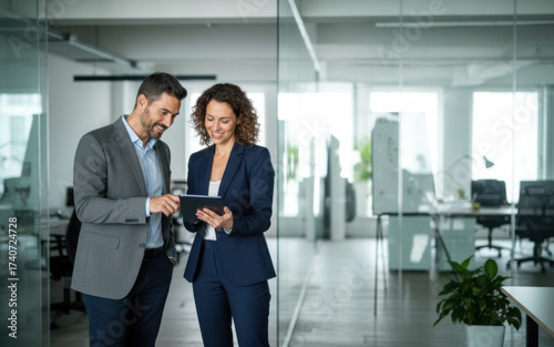 A man and woman looking at a tablet