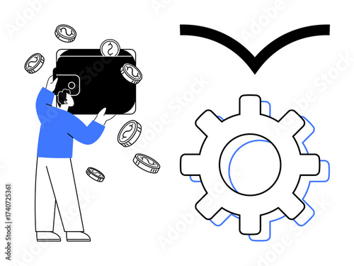 Person holding wallet with coins falling, gears representing mechanisms and processes, abstract directional arrow. Ideal for finance, savings, technology, economic growth, innovation, strategy