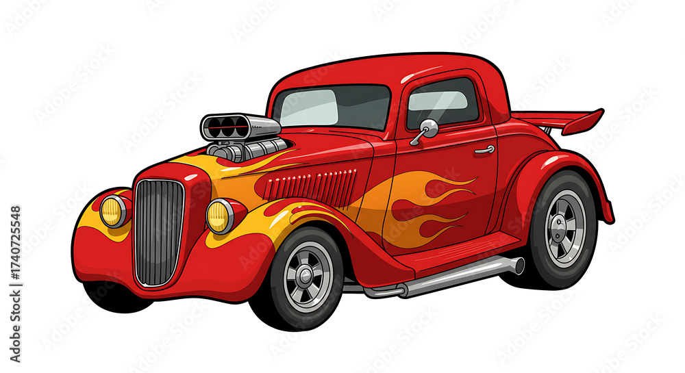 Naklejka premium Red Hot Rod Cartoon Car with Flame Graphics – Classic Vintage Muscle Style.red racing car, 2D cartoon illustration of a hot rod car with flames painted on the sides, fast and classic, white background