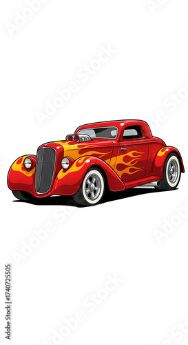 Red Hot Rod Cartoon Car with Flame Graphics – Classic Vintage Muscle Style.red racing car, 2D cartoon illustration of a hot rod car with flames painted on the sides, fast and classic, white background