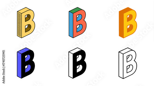 Vector art of six isometric letter b variations in different colors and styles