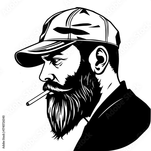 High-contrast illustration of a smoking man's profile with a prominent beard and a worn baseball cap, the brim slightly curved, his facial features defined by sharp lines and deep shadows, rendered en