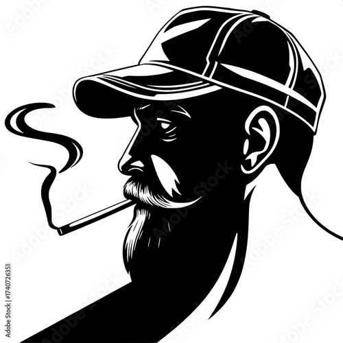 High-contrast illustration of a smoking man's profile with a prominent beard and a worn baseball cap, the brim slightly curved, his facial features defined by sharp lines and deep shadows, rendered en