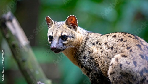 Alert spotted civet against a blurred green forest