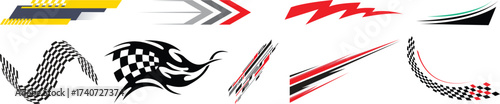 Racing cars and race car stripes set, angled checkered patterns, checkered flag, start and finish line, motocross labels, dynamic lines, motorsport, racing stripe speed, sport decals, tuning stickers