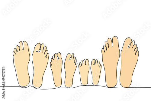 Single one line drawing 4 pairs of feet are lying down relaxing. A warm and harmonious family. Always make time to chat with each other. No Socks Day. Continuous line design graphic illustration