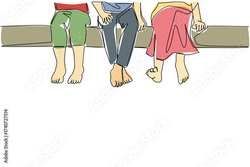 Single continuous line drawing 3 children sitting with their legs hanging. Relaxing and breathing fresh air in the park after school. No homework. No Socks Day. One line design vector illustration