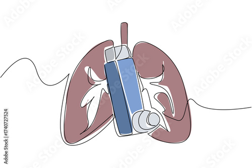 Single continuous line drawing asthma inhaler with lung background. Prevents coughing and shortness of breath. Overcoming sudden asthma attacks. World Asthma Day. One line design vector illustration