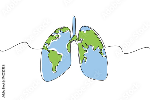 Single continuous line drawing lungs that contain a world map. Healthy lungs make it easier to explore the beauty of the world. Intercontinental. World Asthma Day. One line design vector illustration