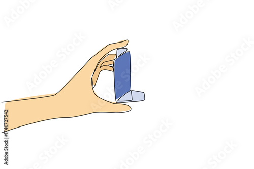 Continuous one line drawing hand holding asthma inhaler. First aid aids help prevent asthma in small sizes. Helps provide fresh air. World Asthma Day. Single line draw design vector illustration