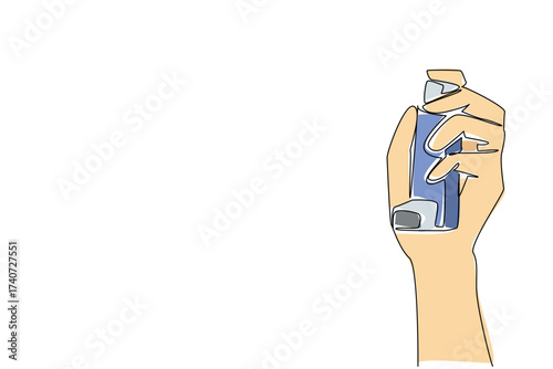 Single one line drawing hand holding asthma inhaler. First aid aids help prevent asthma. Healthy living without pollution. Pharmacy. World Asthma Day. Continuous line design graphic illustration