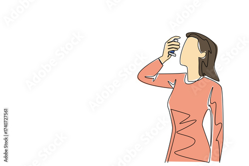 Single continuous line drawing a woman inhales asthma inhaler. Unfriendly weather triggers an asthma attack. First aid prevents permanent relapse. World Asthma Day. One line design vector illustration