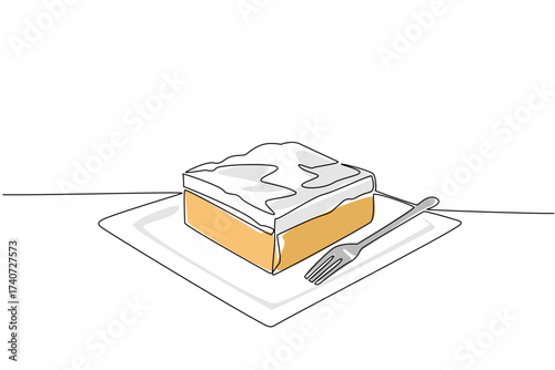 Continuous one line drawing coconut cream pie square shape on a square plate. Can be enjoyed with a fork. Deliciousness. National Coconut Cream Pie Day. Single line draw design vector illustration