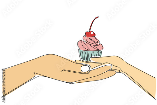 Single one line drawing cherry topping cupcake for the dear brother. Siblings who look after and love each other. National Give Someone a Cupcake Day. Continuous line design graphic illustration