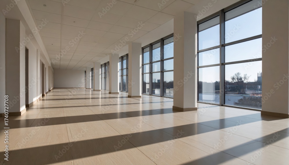 Fototapeta premium Modern architectural interior with clean white walls, tiled floor, glass facade