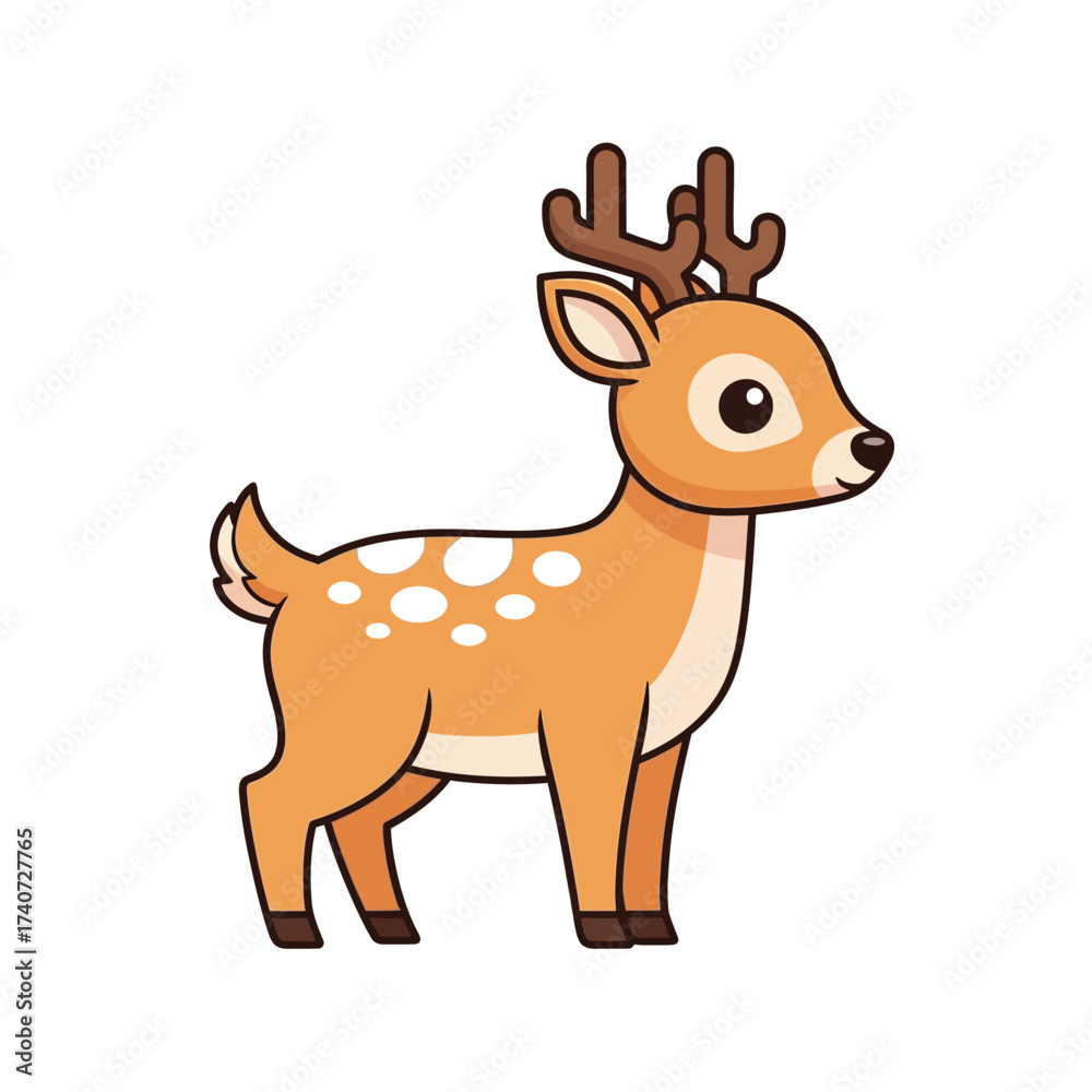 Fototapeta premium Adorable cartoon fawn with spotted fur, large expressive eyes, and small antlers, standing gracefully in a simple, clean, vector art style for children's designs.