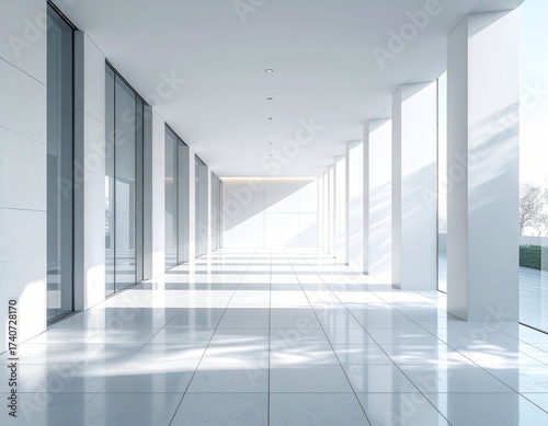 Modern architectural interior with clean white walls, tiled floor, glass facade